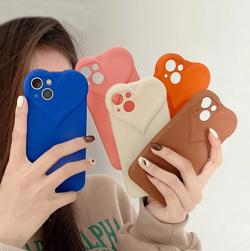 Soft Touch Love Heart Camera Hole Phone Case For iPhone 13 12 11 Pro Max X XR XS 7 8 Plus SE2020 Solid Color Bumper | Мобильные