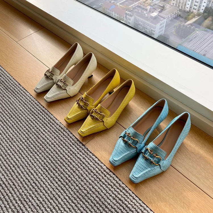 

High-End WOMEN'S Shoes Payment for Goods outside China Hot Selling French Small High Heel Genuine Leather Square Head BV Thin He