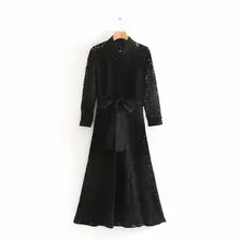 Новое женское элегантное черное кружевное платье-рубашка с бантом и поясом, деловое платье для девушек, шикарное повседневное ТРАПЕЦИЕВИДНОЕ ПЛАТЬЕ с отложным воротником DS3003