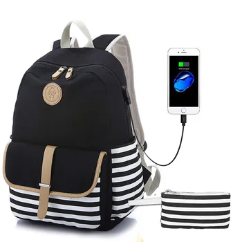 

2PC Lady's Striped Shoulder Bag with USB Interface Bag Lady's Navy Style Student Schoolbag Pencil Bag Change Bag Canvas Backpack