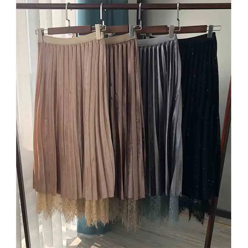 

Women Skirt Sparkling Moving Light Shadow Gold Velvet Mesh + Lace Skirt