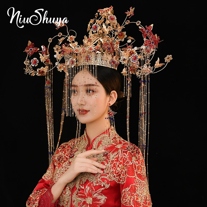 

NiuShuya Luxurious Chinese Traditional Phoenix Coronet Exaggerated Hairwear Cheongsam Stagge Show Wedding Hair Accessory