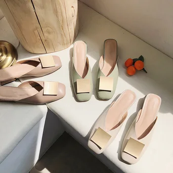 

Woman Slippers Ladies Low Heels Mules Elegant Women Comfortable Loafer Female Classic Square Toe Slides Women's Footwear 2020