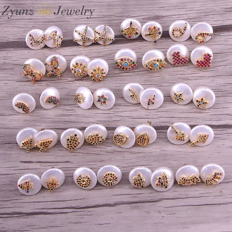 

10Pairs, Micro pave colorful cz gold tiny heart moon star eye insect charm natural freshwater pearl button stud earrings