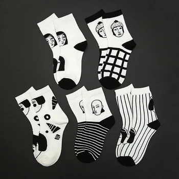 

Autumn and Winter Cotton Women's Middle Tube Socks Breathable Personality Black and White Portrait Stripe Middle Tube Socks