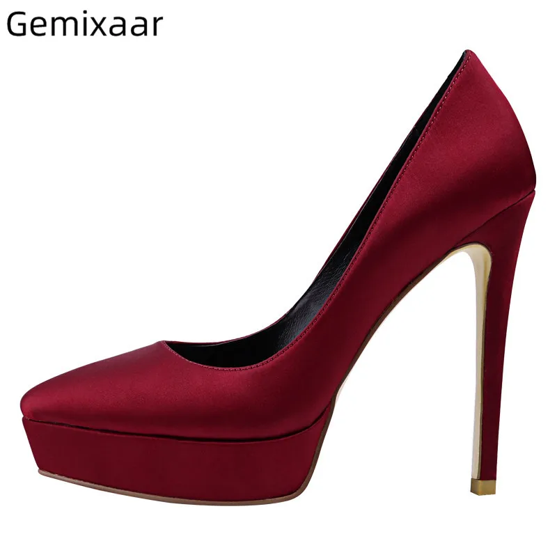 

3cm Platform 14cm Thin Heel Shoes Woman Pointy Toe Slim Shallow Comfy Walking Shoes Multy Colors Satin Elegant Woman Pumps 35-41