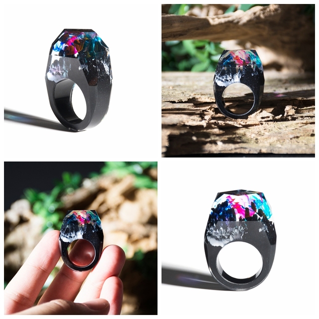 Fashion Wood Resin Ring Female Forest Handmade Rainbow Star Secret Sky Micro Landscape Wooden Ring High Quality Jewelry