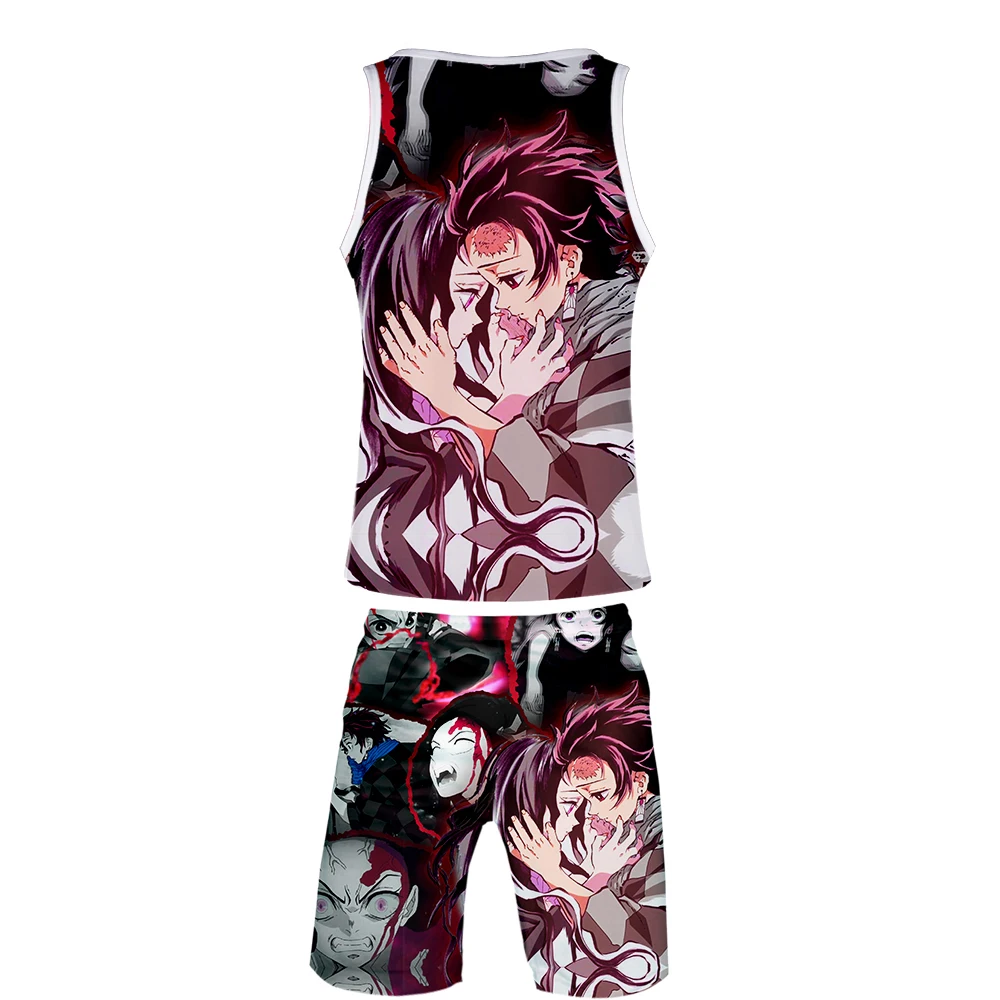 Demon Slayer: Kimetsu No Yaiba летние топы на бретелях, шорты, комплекты Спортивный жилет без рукавов с рисунком аниме, графическая повседневная мужская одежда с 3D принтом