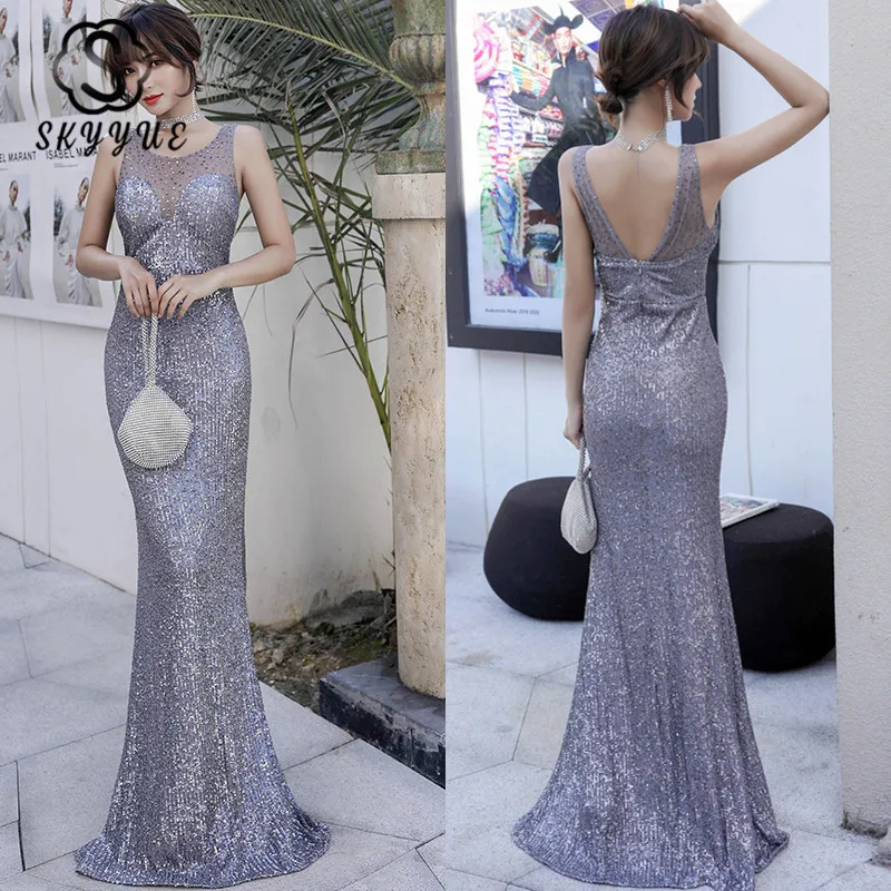 

Skyyue Sexy Sleeveless Evening Dresses Gray Sequins Formal Evening Gowns K109 Robe De Soiree New O-Neck Long Mermaid Party Dress