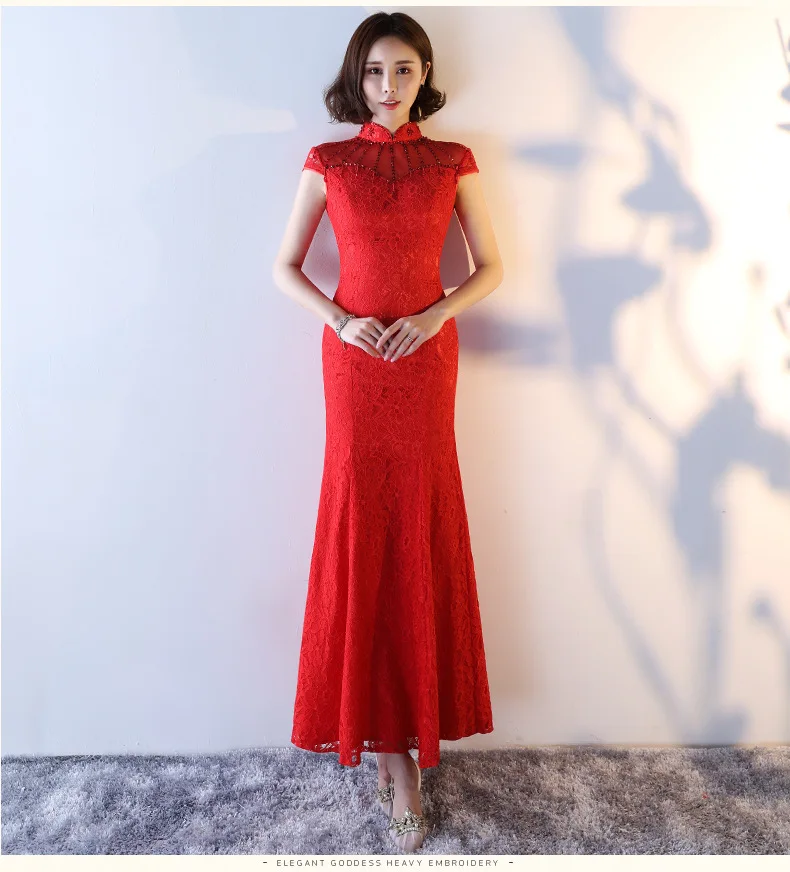 Красное женское традиционное платье чонсам, сексуальное свадебное Qipao, кружевное платье с вышивкой, китайское восточное платье, Vestidos Formales, длинное QiPao