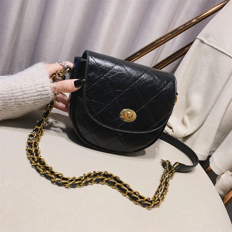

Black And White with Pattern Rhombus Chain Saddle Bag Women's 2019 New Style Autumn And Winter Crossbody Bag Fashion Bag