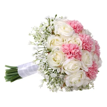 

Artificial Babysbreath Rose Bridal Wedding Bouquet With White Ribbon Real Touch For Wedding Decoration