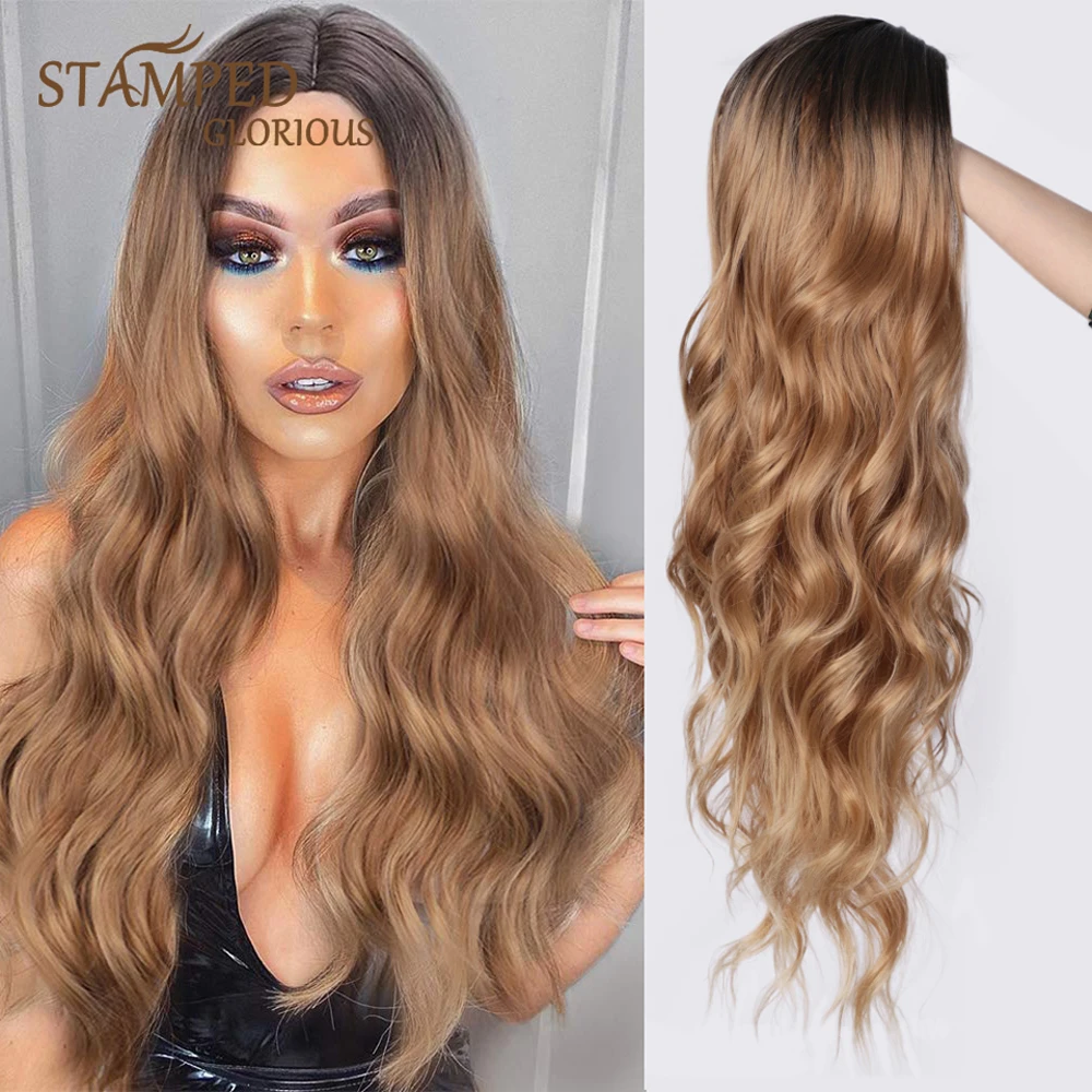 

Stamped Glorious 24inches Natural Wave Wig Ombre Black Brown Long Wigs for Women Heat Resistant Fiber Synthetic Wigs