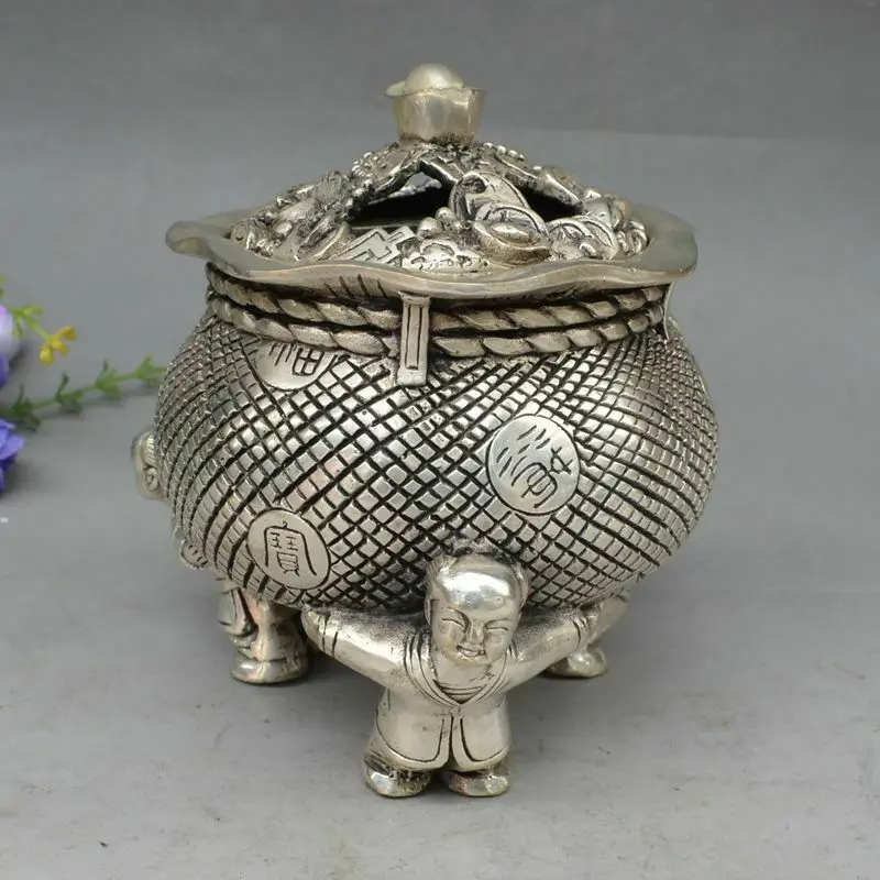 

Chinese Tibetan Silver Copper Silver Kids Wealth Incense Burner Bronze Statue