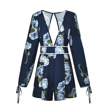 

Summer Women Flower Print Short Deep V Neck Long Sleeve Backless Party Jumpsuit Romper Slim Casual Florals Trousers Beach Female