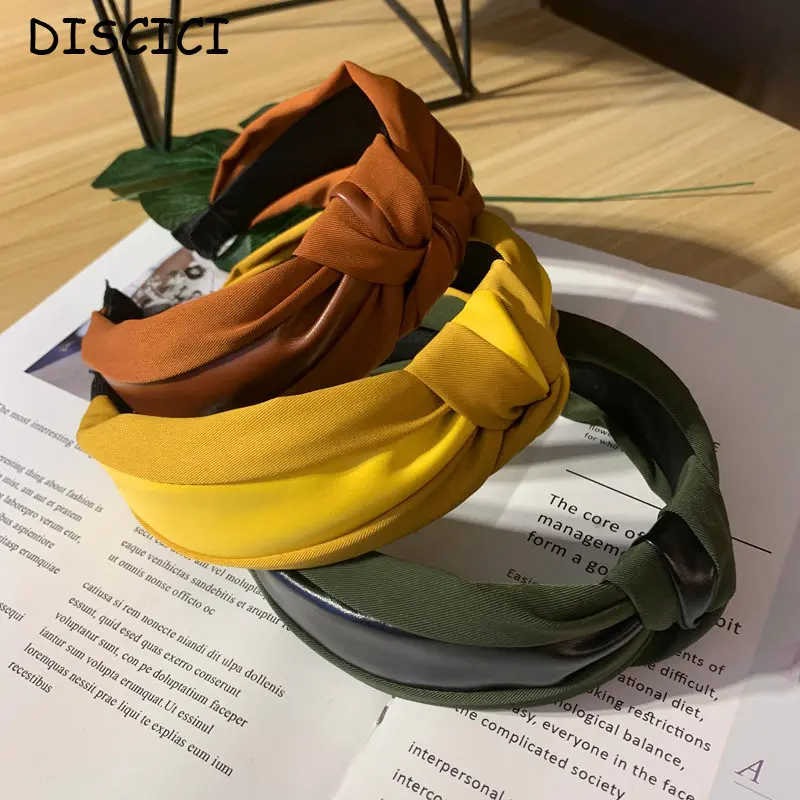 

DISCICI Fashion Splicing PU Leather Hair Accessories Hoop 2020 New Press Face Wash Wide Border Headband Hairband WSH1228