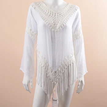 

A9232 Long Sleeves Beach Tunics Woman Beachwear Bikini Cover Up Crochet Beach Dress Plus Size Beach Outing Swimsuit with Tassel