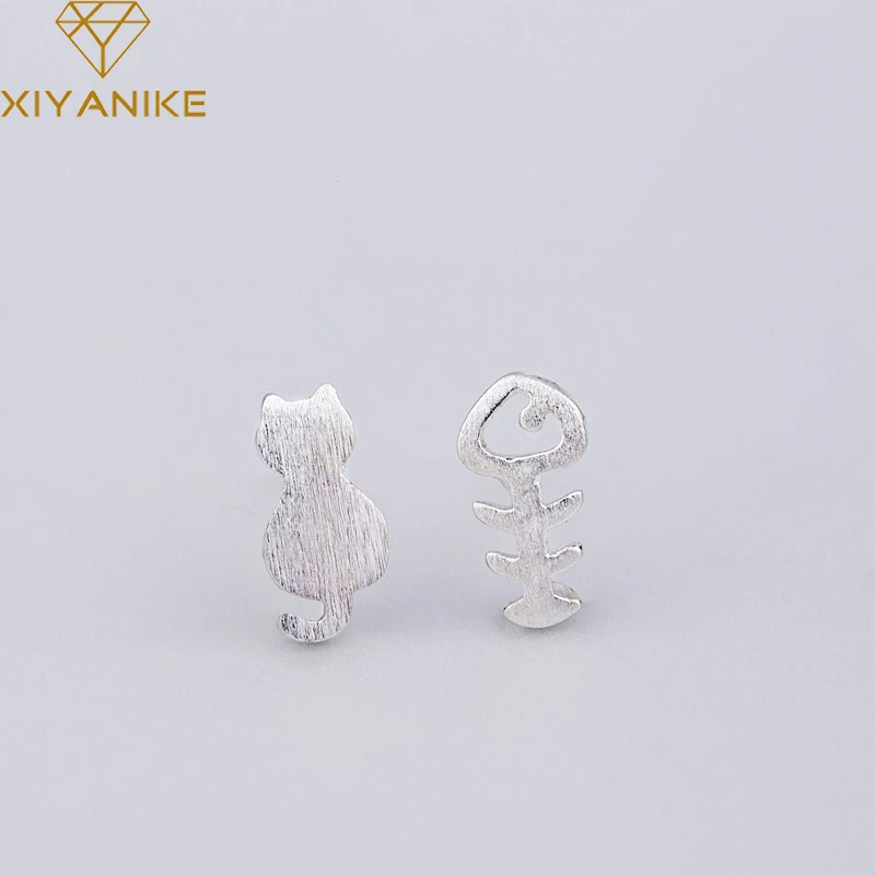 XIYANIKE 925 Стерлинговое Серебро асимметрия милый кот рыбья кость серьги гвоздики для женщин девочек подарок ручной работы модные серьги ювелирные кольца