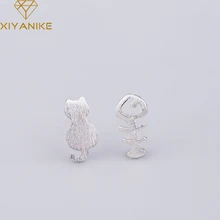 XIYANIKE 925 Стерлинговое Серебро асимметрия милый кот рыбья кость серьги гвоздики для женщин девочек подарок ручной работы модные серьги ювелирные кольца