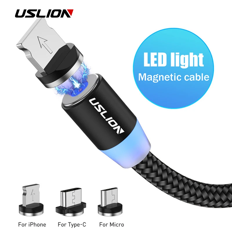 Магнитный кабель USLION светодиодный Type C Micro USB для зарядки iPhone XS MAX магнитное