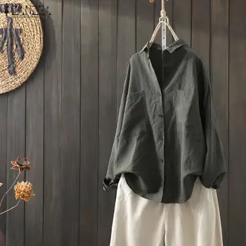 

2020 ZANZEA Casual Spring Shirts Women's Cotton Linen Blouse Vintage Solid Button Down Blusas Female Lapel Tunic Plus Size Tops