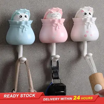 

Cartoon cat hook cute lucky bag key hook free punch wall hanging porch strong glue hook home decoration clothes hat storage