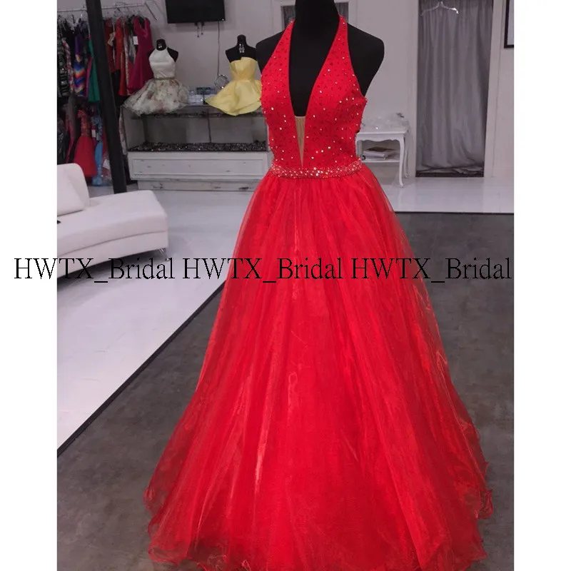 Красный HWTX_Bridal Заказные красные платья для выпускного на бретелях с v-образным вырезом и бисером элегантные трапециевидные длинные платья из органзы Vestidos de fiesta официальное вечернее платье - Цвет: Красный