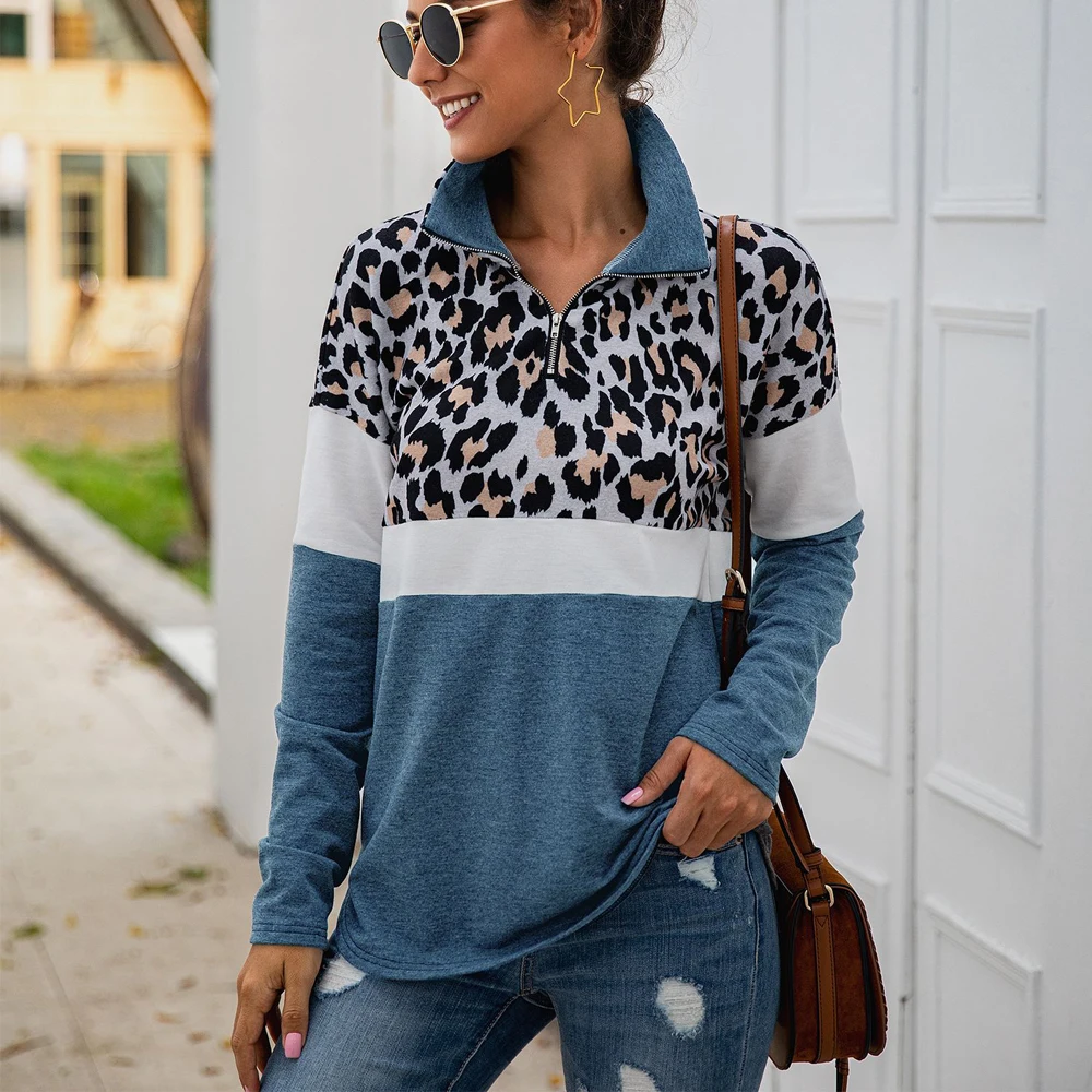 

Leopard Long Sleeve Blouse Elegant Color Block Zipper Collar Turtleneck Fall Blouses Shirt Fashion Plus Size Womens Tops