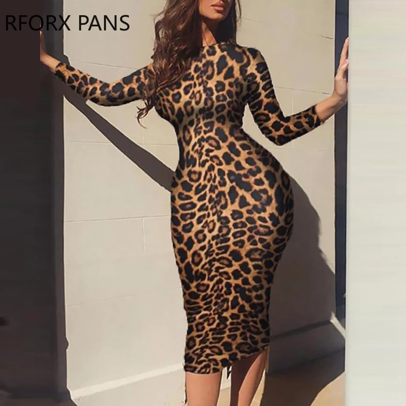 Leopard Print Long Sleeve Bodycon Dress 
