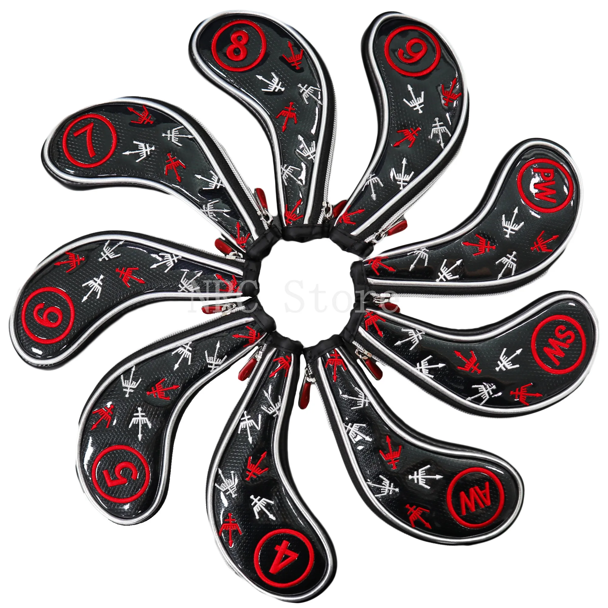 NRC Golf Iron Headcovers Customized Synthetic Leather 9pcs (4,5,6,7,8,9,P,S,A) Set  with Zipper Closure Putter Cover Protect.