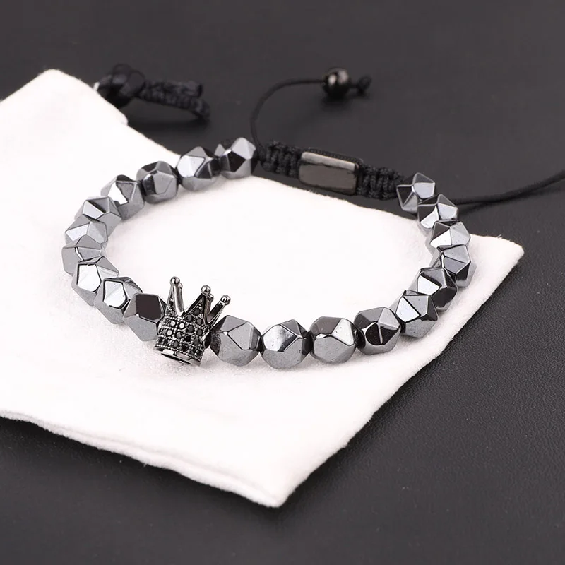 New Design Men Jewelry Faceted Hematite Beaded CZ Pave Crown Handmade Macrame Friendship Bracelet Gift - Image 2