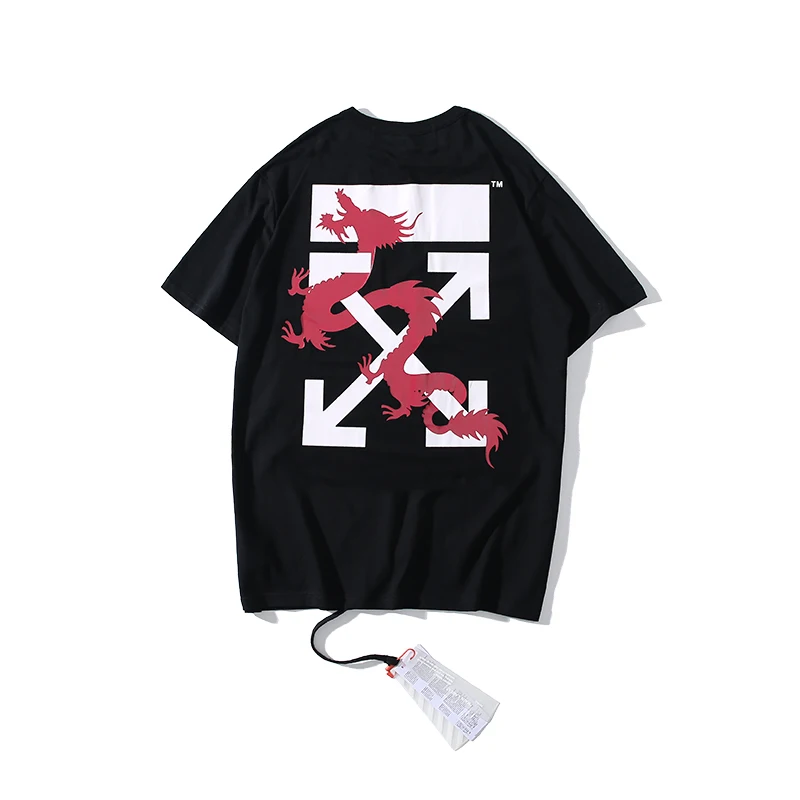 Макао ограниченное издание китайский дракон 19ss Off-White OW для мужчин/женщин модные влюбленные хлопковые повседневные футболки с коротким рукавом с круглым вырезом - Цвет: Black