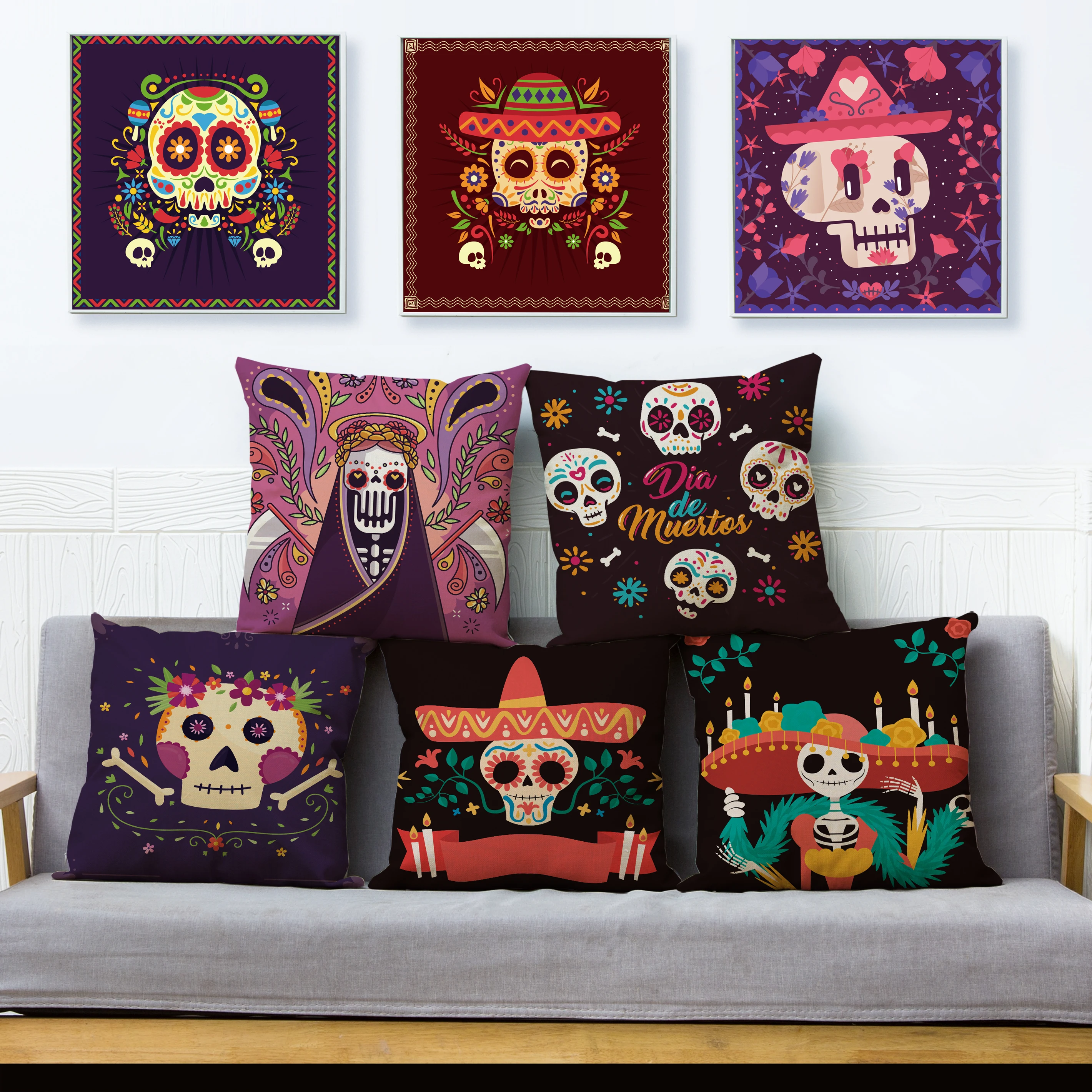 

Cartoon Flowers Skull Print Cushion Cover Day Of The Dead Festival Pattern Pillowcase Kid Gift Linen Pillows Cases Home Decor