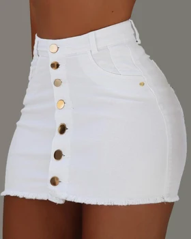 

Women Button Denim Jeans Bodycon Mini Skirts Strench High Waist 2020 New Fashion Sexy Club Skirt Summer