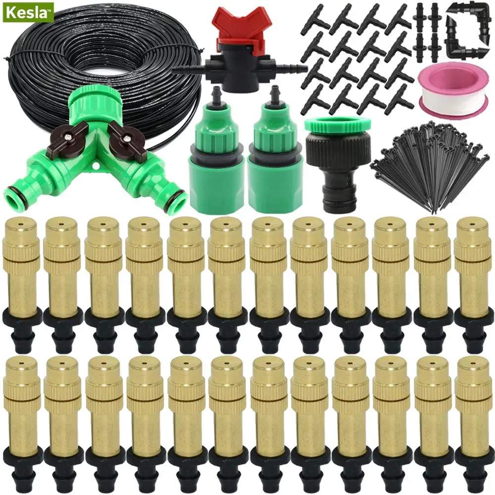 30M Automatic Garden Watering Atomize Spray Misting System Watering Kit Micro Drip Irrigation Adjustable Brass Nozzle Greenhouse