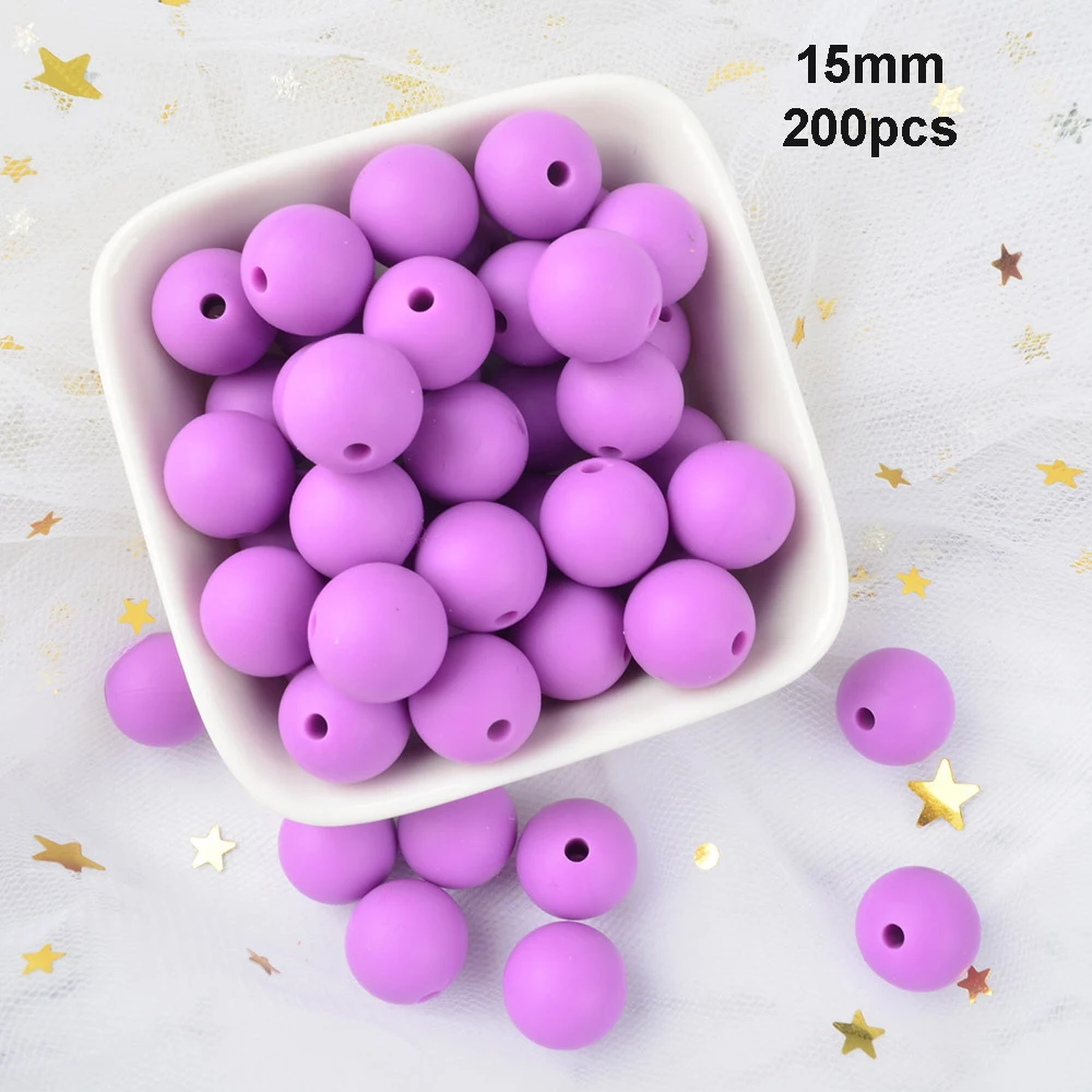 Medium purple LOFCA 15 мм 200 шт Силиконовые Бусины Пищевой Круглый Прорезыватель Детские Жевательная Для Прорезывания Зубов Бусины Соска-Подвеска Аксессуары для изготовления - Цвет: Medium purple