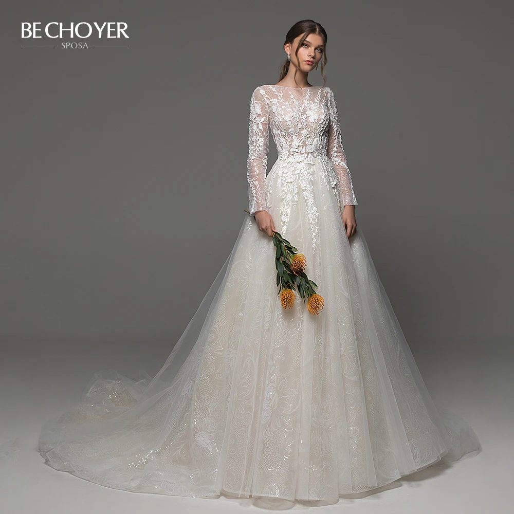 BECHOYER Shiny Flowers Wedding Dress 2021 Long Sleeve Backless A-Line Appliques Princess Illusion Bridal Vestido De Noiva EL20 | Свадьбы и