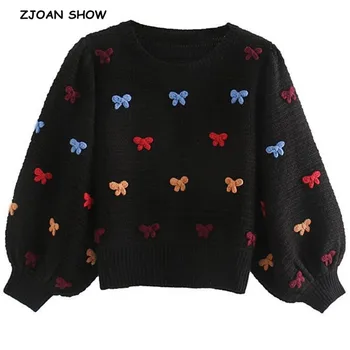 

2020 Spring 3D Embroidery Bow Black Sweater Vintage New Women O neck Knitted Long Lantern Sleeve Sweater