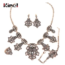 Kinel 4Pcs India Bridal Wedding Jewelry Sets Antique Gold Turkey Gray Crystal Flower Earring Necklace Bracelet Ring For Women