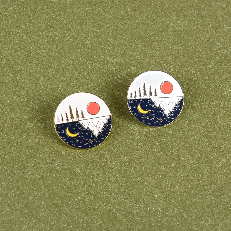 

Horizon Day and night enamel pin Beautiful scenery Mountain forest badge brooches Sun and moon Lapel pins Shirt bag jewelry gift