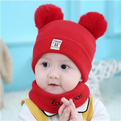Red suit Детские шапочки унисекс, шапка, комплект для маленьких детей, одноцветная полосатая шапка и шарф, зимний теплый костюм, комплект для мальчиков и девочек, малышей, студентов - Цвет: Red suit