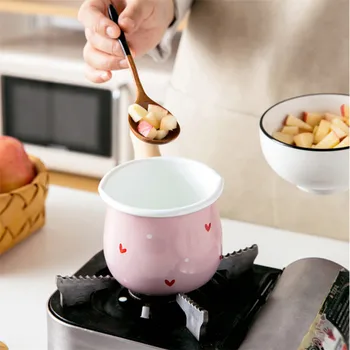 

1PC 10cm Mini Milk Pot Enamel Non-stick Milk Pan Anti-scalding Wooden Handle Soup Pot For Kitchen Cooking Porridge Stock Pots