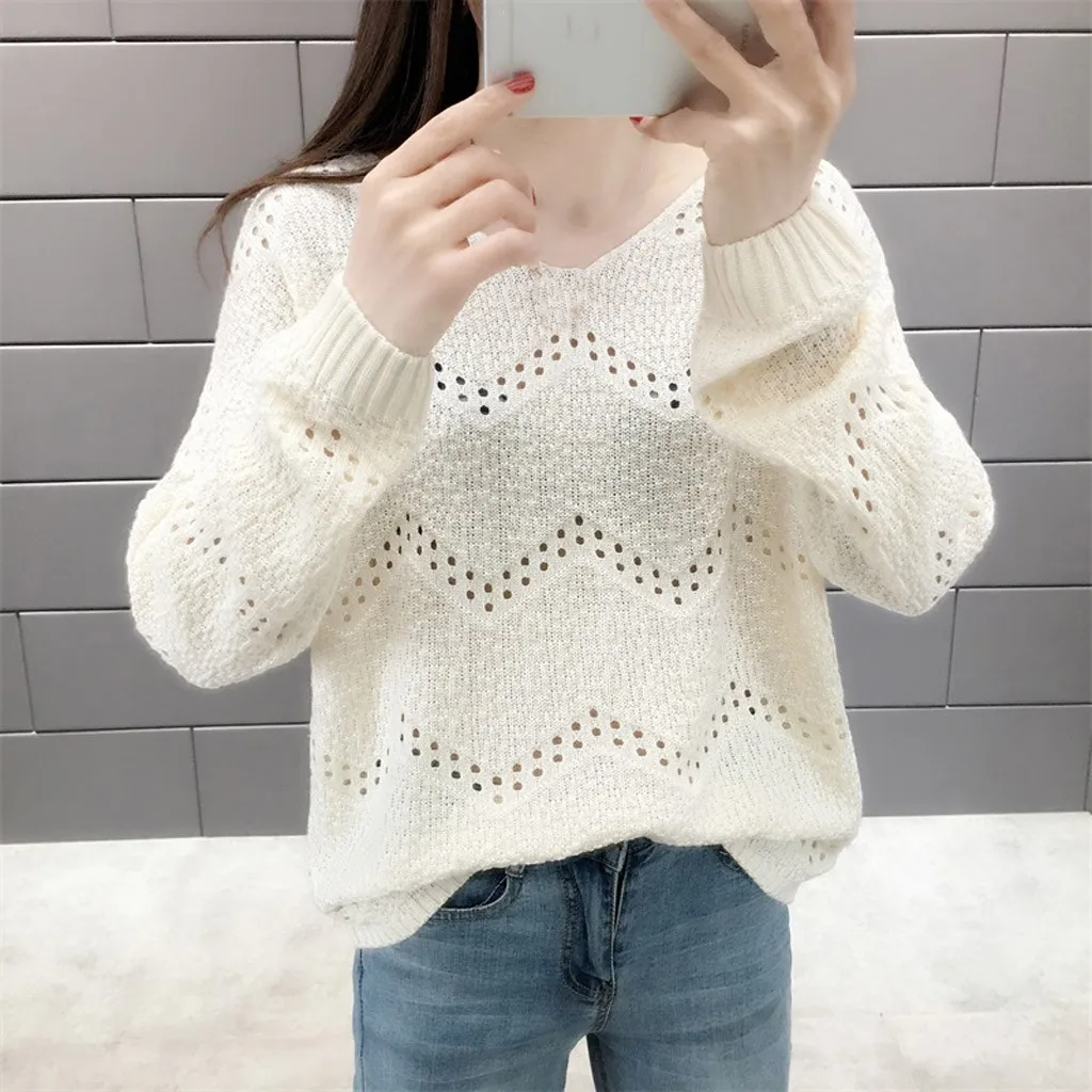 Jaycosin Fashion Women Casual Simple Long Sleeve Knitting V-Neck Sweater Stylish Comfortable Bottoming Hollowed Out Sweater
