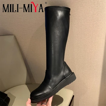 

MILI-MIYA Fashion Stretch Microfiber Shaft Women Cow Leather Knee High Boots Flat With Solid Color Round Toe Zipper Size 34-39