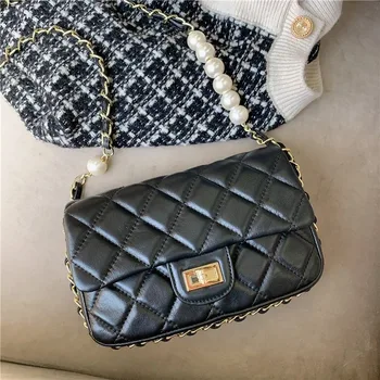 

Bag Female 2020 New Leather Pearl Chain Small Square Shoulder Messenger Small Bag Luxury Handbags Women Bags Designer