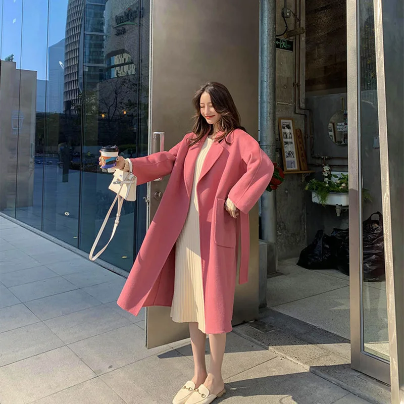 

Женское двубортное кашемировое пальто с поясом, однотонное длинное шерстяное пальто с длинным рукавом, шикарная верхняя одежда на осень и зиму, новинка 2022