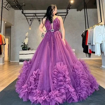 

Purple Beaded Arabic Evening Dresses Spaghetti Straps Sweep Train Dubai Caftan Elegant Formal Party Gowns Long Prom Dresses 2020