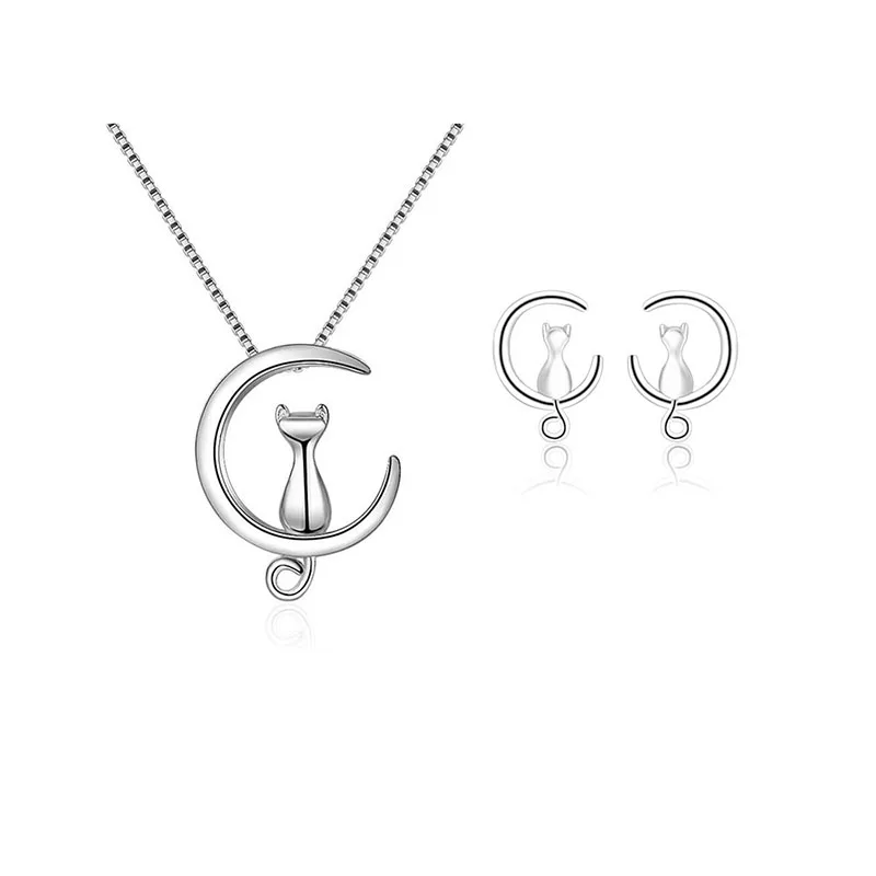 925 Sterling Silver Simple Cute Pet Cat Moon Jewelry Set Animal Necklace And Earring Party For Women Gift | Украшения и