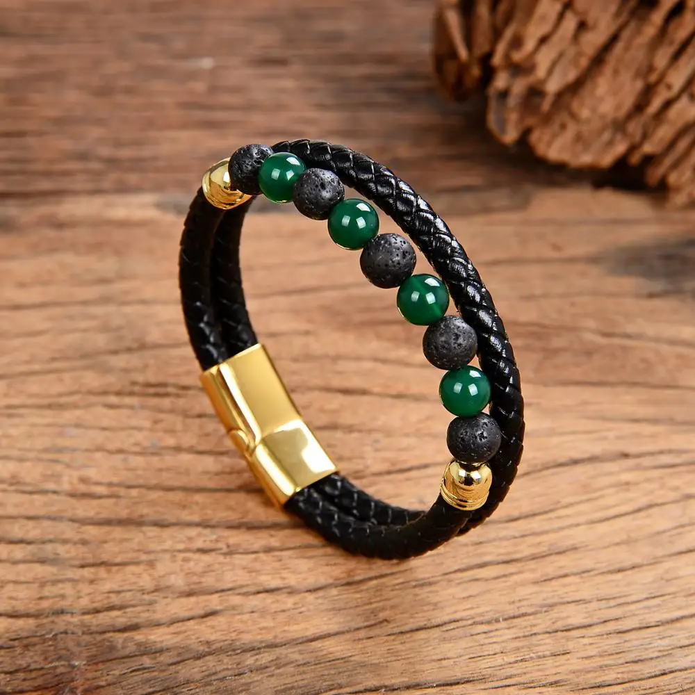 2020 New Design Genuine Leather Mens Bracelet Charms Stainless Steel Magnet 13 Style Natural Stone Beads Bracelets Men Jewelry