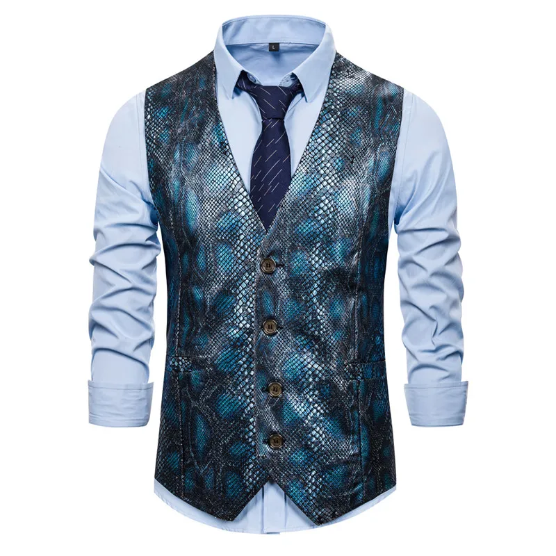 Spring Autumn Mens Waistcoat Vest Glossy Snakeskin Printed Chaleco Traje Hombre Business Wedding Slim Fit Men Sleeveless Jacket